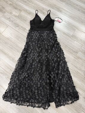 New Aqua Black Floral Appliqué Spaghetti-Strap Evening Dress size 14